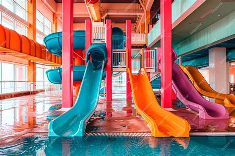 Premium Photo | Indoor Empty Water park for kids with colored slides