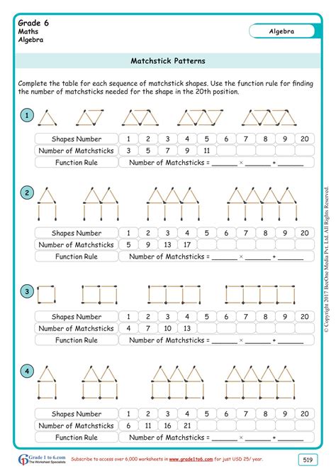 Matchstick Patterns Worksheets for Grade 6