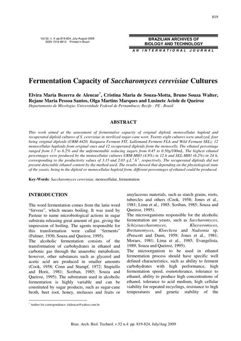 (PDF) Fermentation Capacity of Saccharomyces cerevisiae Cultures