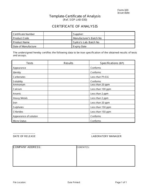 Certificate Of Analysis Template - Sampletemplate.my.id