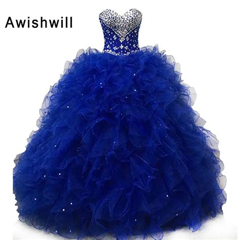 Real Pictures Sweet 16 Dresses in Royal Blue Debutante Gowns Sweetheart Beaded Ruffles Organza ...