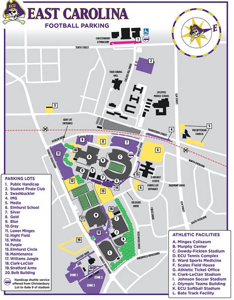 ECU Football parking map. Redesigned in 2011 in Illustrator by building elements over Google map ...