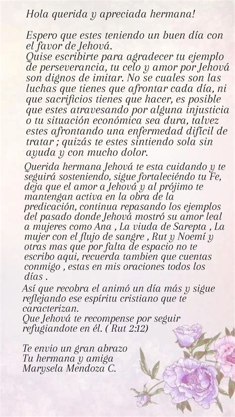 Escribi esta carta con el propósito de dar animo a cada hermana que este afrontando una dura ...