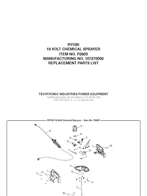 Ryobi 18 Volt Chemical Sprayer Replacement Parts List and Diagram | PDF | Equipment ...