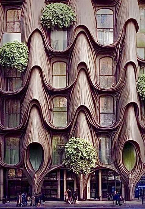 an unusual building with trees growing out of it's sides and people walking on the sidewalk