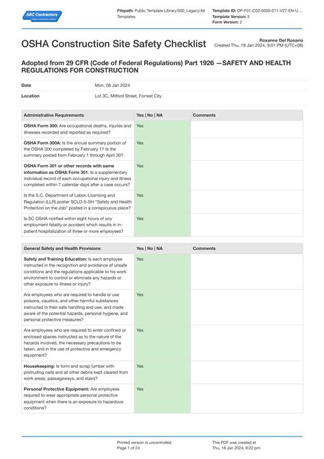 Free digital OSHA Construction Site Safety checklist template