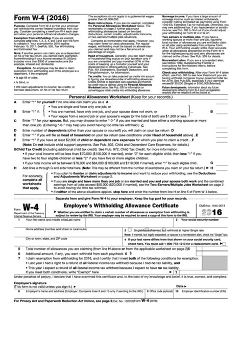 Fillable Form W-4 - Employee'S Withholding Allowance Certificate - 2016 ...