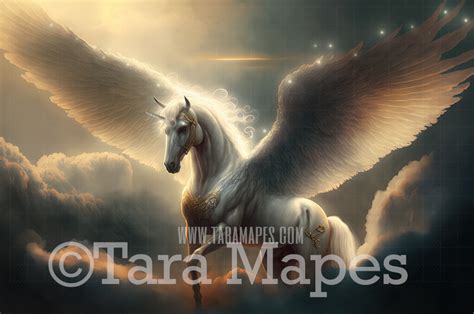 Unicorn Digital Backdrop - Winged Unicorn in Clouds - Fantasy Winged Unicorn - Unicorn Digital ...