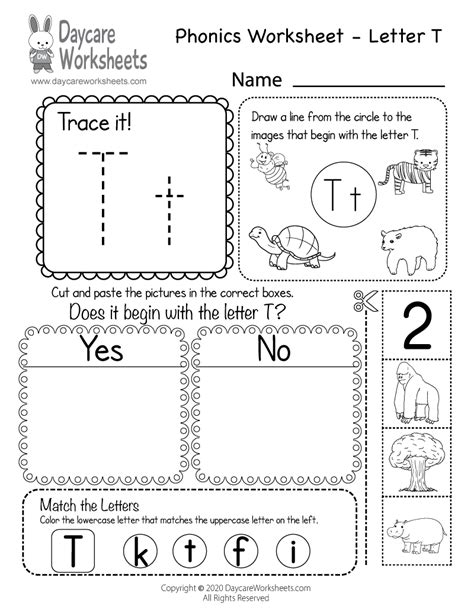 Free Printable Letter T Beginning Sounds Phonics Worksheet for Preschool