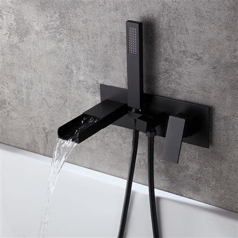 Mero Modern Waterfall Wall Mounted Tub Filler Faucet with Handshower in Matte Black Solid Brass ...