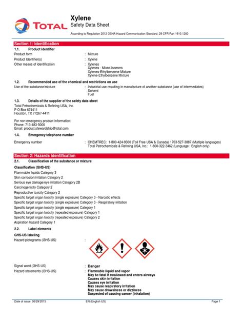 Safety Data Sheet for Xylene: Hazards, Protective Measures, and ...