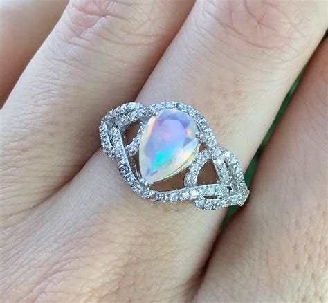 Pear Genuine Opal Deco Engagement Ring- Teardrop Opal Statement Ring- Halo Opal Promise Ring ...