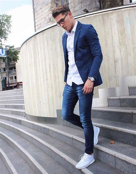 navy jeans, a white shirt, a navy blazer and light blue sneakers for a ...