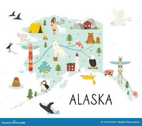 Alaska Illustrated Map with Animals and Symbols Stock Vector ...