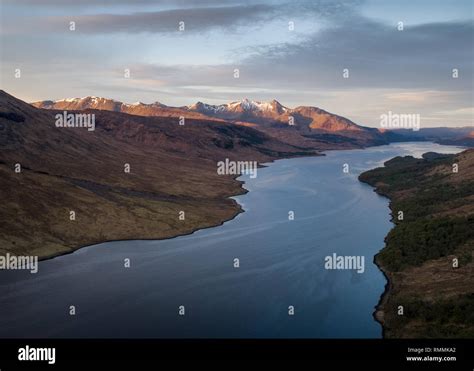 Aerial view of Loch Etive, at the end of Glen Etive, as dawn breaks ...