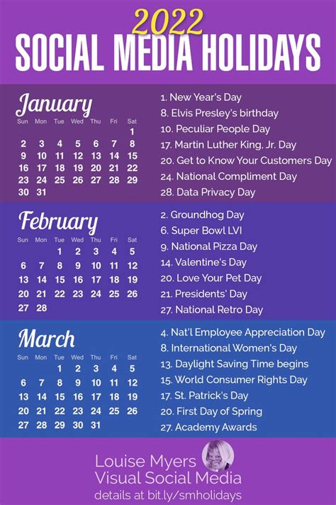 the calendar for social media holidays is shown in purple and blue ...