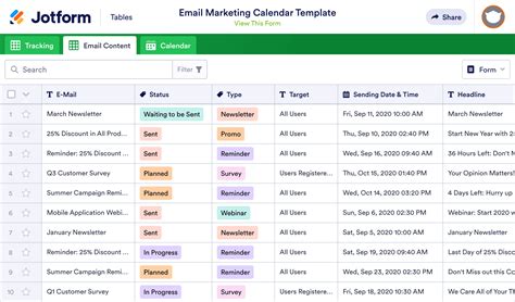 Email Marketing Calendar Template | Jotform Tables