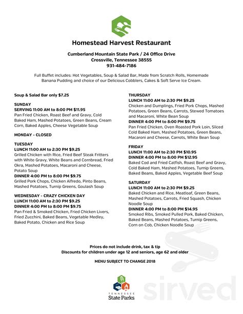 Homestead Harvest Restaurant menu in Crossville, Tennessee, USA