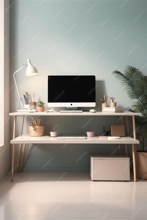 Premium AI Image | Minimalist soft pastel color desk setup interior home office