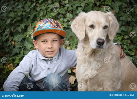 Little Boy with a Golden Retriever Stock Image - Image of looking, cheerful: 69810841