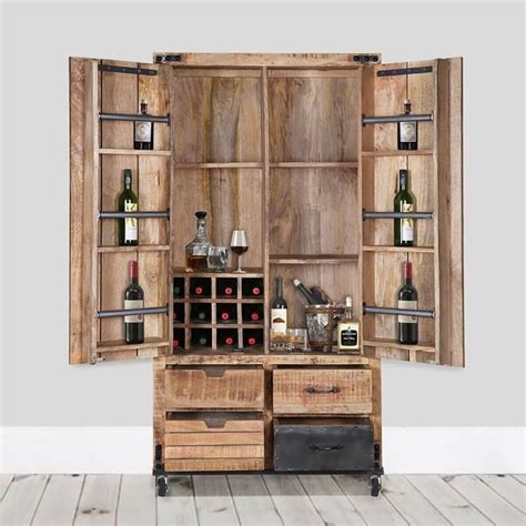 Farmhouse & Industrial Style Rustic Solid Wood Rolling Wine Bar Cabinet