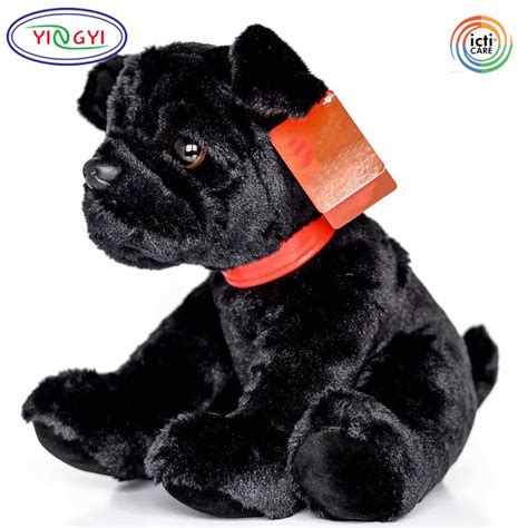 D828 Black Pug Plush Stuffed Animal Toy Leather Collar Vivid Artificial ...