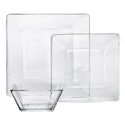 Dinner Square Set Kitchen Dinnerware Clear Glass Bowls Dishes Plates 12 Piece - Dinner Service Sets