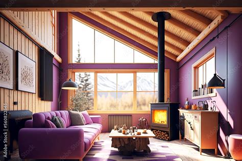 chalet interior of bright living room with purple sofa, wooden ...