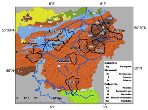 Geologic map of the Ardennes Massif. The studied catchments are ...