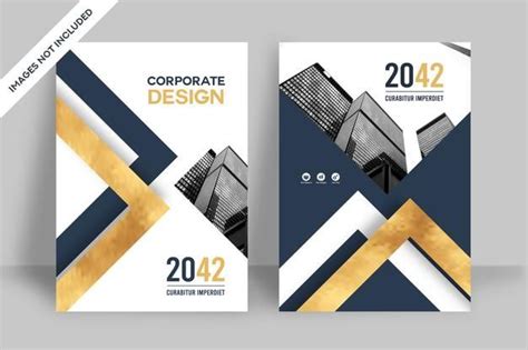 a set of brochures with gold and blue geometric shapes on the front cover