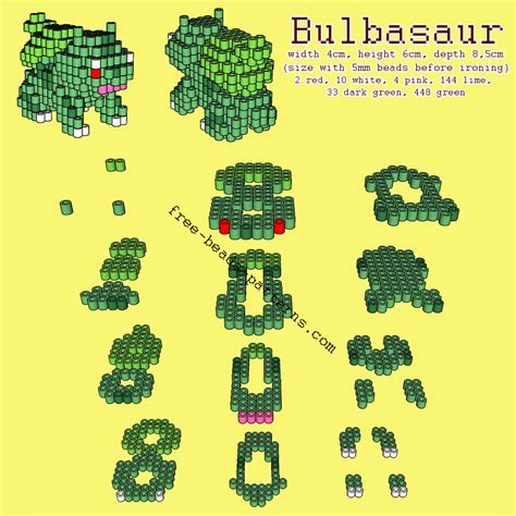 Bulbasaur Pokemon free 3D perler beads Hama Beads pattern tutorial - free perler beads patterns ...