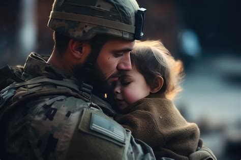 Premium AI Image | Brave soldier tenderly holds a small child in their arms