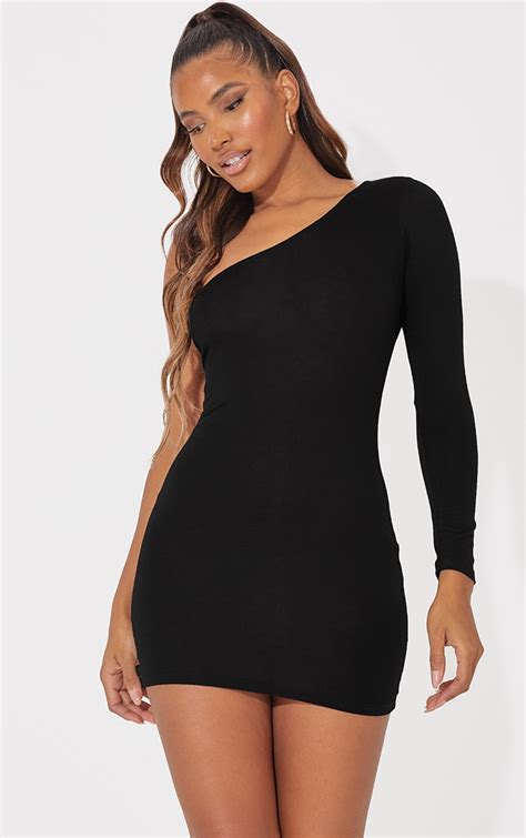 Black One Shoulder Long Sleeve Bodycon Dress | PrettyLittleThing