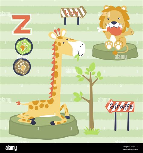 Funny giraffe eat leaves, lion eat meat, vector cartoon illustration ...