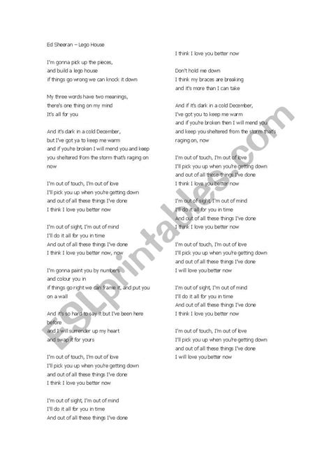 Ed Sheeran - lego house (song) - ESL worksheet by jwmacmillan