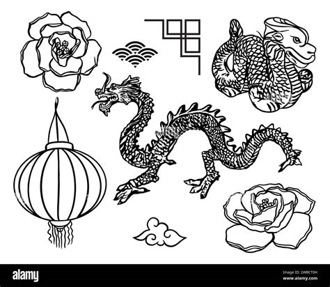 Chinese dragon, lantern, flowers, decorations, vector set. Chinese New Year. Greeting cards ...