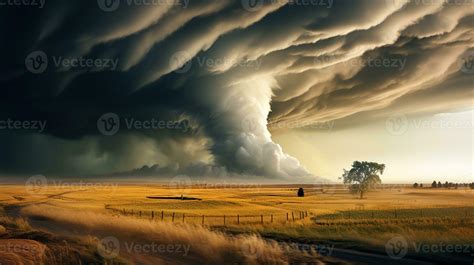 Dramatic landscape with dangerous and scary tornado in yellow-green field with strong wind ...