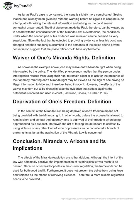 Miranda v. Arizona: Outcomes and Implications - 672 Words | Essay Example