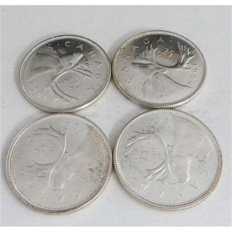 4 Canadian Silver Quarters 1964