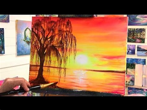 HOW TO PAINT THE EASIEST SUNSET & WEEPING WILLOW TREE! step by step In ...