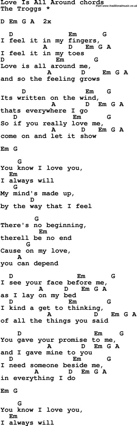 Song lyrics with guitar chords for Love Is All Around