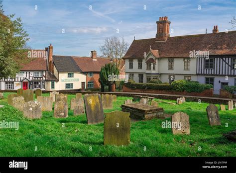 Halesworth Suffolk, churchyard and medieval buildings along London ...