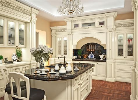 Classic Kitchen Design With Fancy Crystal Chandelier Above Kitche Island Black Marble The Top As ...