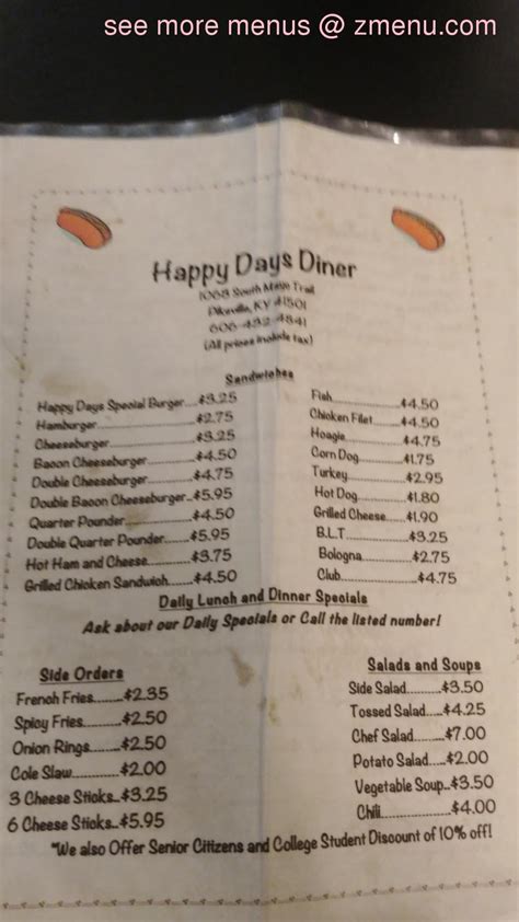 Menu at Happy Days Diner restaurant, Pikeville, S Mayo Trail