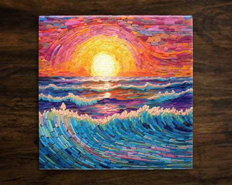 Beautiful Mosaic Inspired Ocean Sunset Art, on a Glossy Ceramic ...