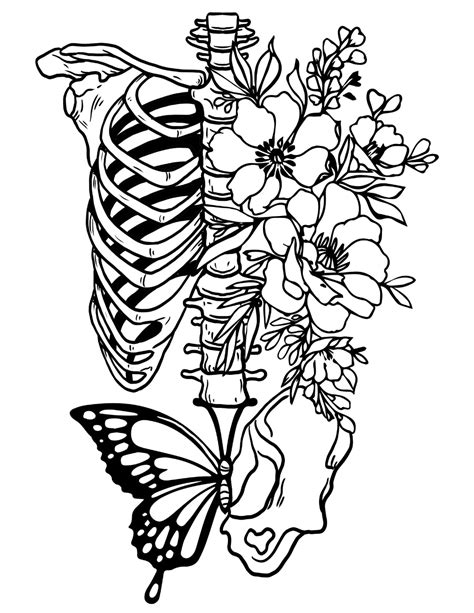 Printable Fairycore Skeleton / Skeleton and Flowers / Digital Download / Vintage Goth Coloring ...