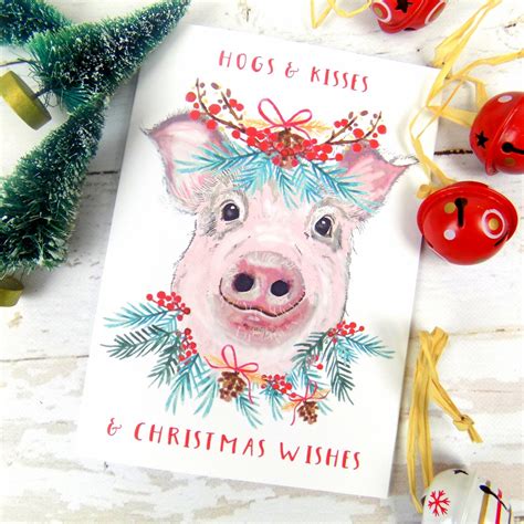 Cute Funny Hogs& Kisses Pig Pun Christmas Card