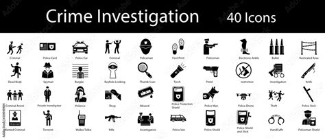 Crime Scene Vector Icons Set, Criminal investigation Symbol on White ...