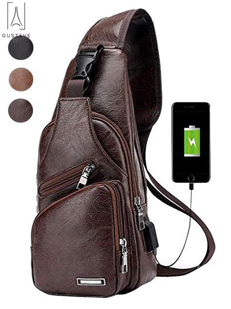 Gustave Sling Bag for Men Chest Shoulder Backpack Waterproof Leather Crossbody Bag with USB ...