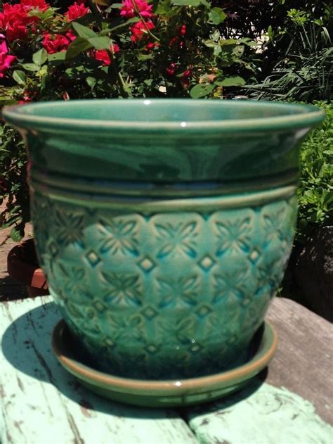 CERAMIC PLANTER TURQUOISE BLUE GREEN POTTERY POT GARDEN WITH BUILT IN SAUCER | The Antique ...